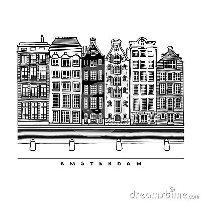 Six houses on the Damrak Avenue. Central street of Amsterdam, Netherlands. Houses and canals. Vector Illustration