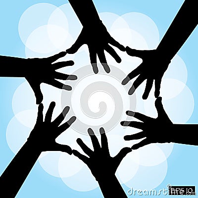 Six human cooperative hands Cartoon Illustration