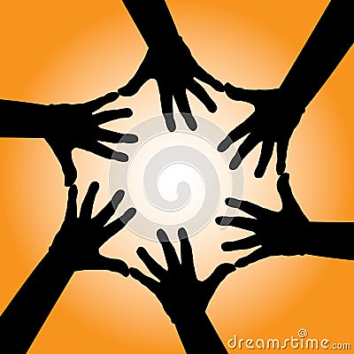 Six human cooperative hands Cartoon Illustration