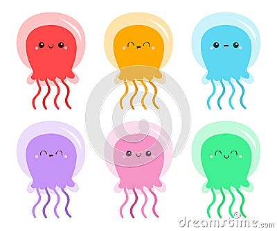 Six jellyfish icon set. Cute cartoon kawaii funny baby character. Pink green blue purple color. Smiling face. Sea ocean animal. Vector Illustration