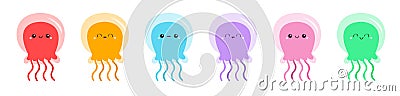 Six jellyfish icon set line. Cute cartoon kawaii funny baby character. Smiling face. Sea ocean animal. Kids tshirt, notebook cover Vector Illustration