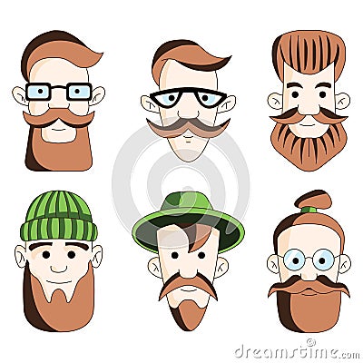 Six male hipsters head on white Stock Photo