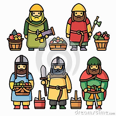 Six medieval characters standing, holding different objects, vibrant colors. Top row characters Vector Illustration