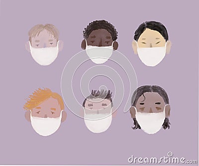 six men of different nationalities in white masks on a purple background. the concept of protection against disease and viruses Cartoon Illustration