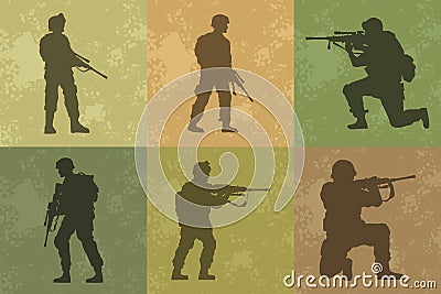 six military soldiers silhouettes Vector Illustration