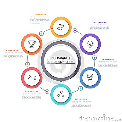 Six multicolored round elements with thin line icons inside placed around central circle. Cyclical diagram with 6 Vector Illustration