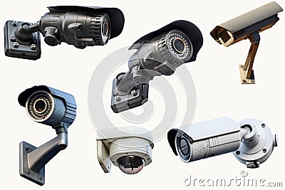 Six outdoor CCTV cameras. Isolated on white background Stock Photo