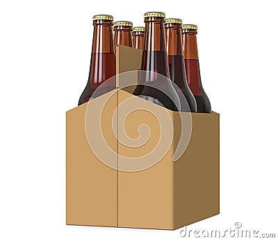 Six pack of glass bottled beer in generic brown cardboard carrier 3d Illustration, on white background. Stock Photo