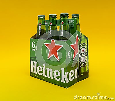Six pack of Heineken light lager beer over yellow Editorial Stock Photo