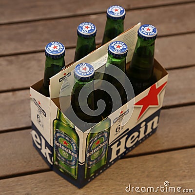 A six pack of non-alcoholic Heineken beers. Editorial Stock Photo