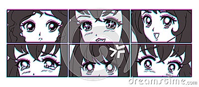 Six pairs of anime eyes look. Manga style. Vector Illustration