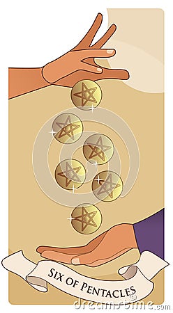 Six of pentacles. Tarot cards. A generous hand giving six golden pentacles to another hand that collects them in an attitude of as Stock Photo