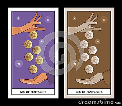 Six of pentacles. Tarot cards. A generous hand giving six golden pentacles to another hand that collects them in an attitude of Vector Illustration