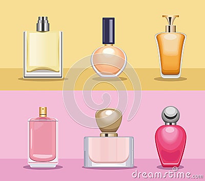 six perfumes bottles icons Vector Illustration