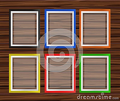 Six picture frames in different colors on wooden wall Vector Illustration