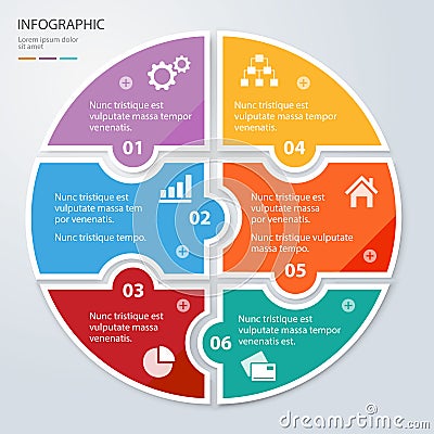 Six piece flat puzzle round infographic presentation. Circle business diagram. Vector Illustration