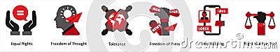 Six political icons in red and black as equal right, freedom of thought, tolerance Vector Illustration