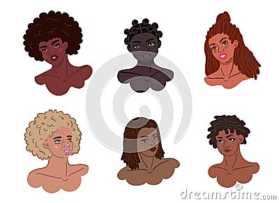 Six portraits of african-american girls with authentic black hairstyles Vector Illustration