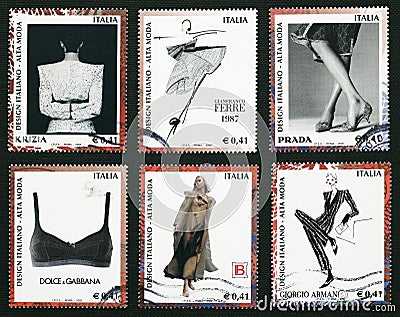 Six postage stamps with famous italian fashion stylists Editorial Stock Photo