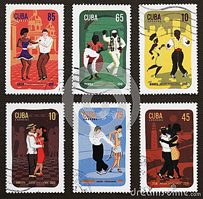 Six postage stamps with famous latin-american dances Editorial Stock Photo