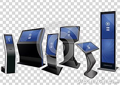 Six Promotional Interactive Information Kiosk, Advertising Display, Terminal Stand isolated on transparent background. Vector Illustration