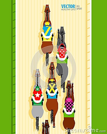 Six racing horses competing with each other. Banner. Universal template for a website. Horse racing. Hippodrome Vector Illustration