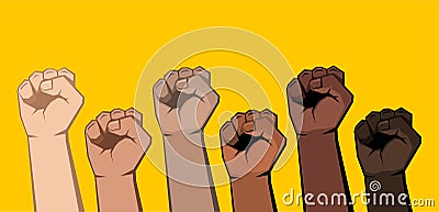 Six raised clenched fists of different shades Vector Illustration