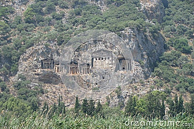 Six rock tombs at ancient Kaunos in Turkey Stock Photo