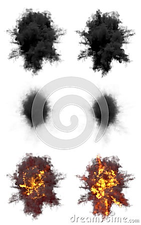 Six round explosions of ack-ack shell hit or view from above on bangs or missile interception blast isolated on white - 3D Cartoon Illustration