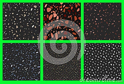 Six seamless terrazzo colorful patterns. Unique repeating pattern of dark background. Granite textured shapes with gloss Vector Illustration