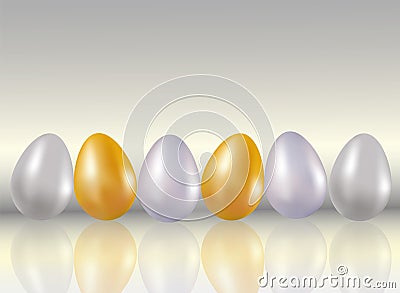 A six shining dyed in metallic gold, silve, platinum colors chicken eggs on light gray background with reflaction. Healthy food. D Cartoon Illustration