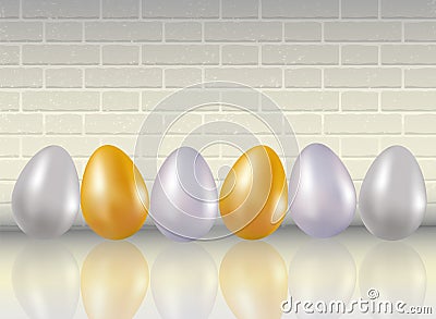A six shining dyed in metallic gold, silve, platinum colors chicken eggs on white brick wall background with reflaction. Healthy f Cartoon Illustration