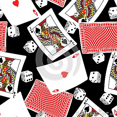 Six sided dice and blackjack cards seamless pattern Vector Illustration