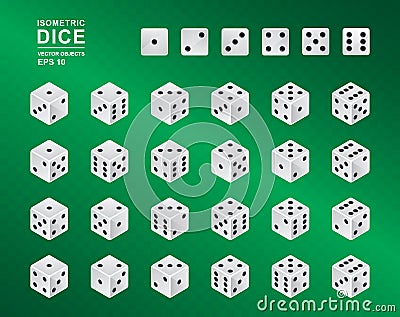 Six sided Isometric Dice. Vector illustration of white cubes with black pips in all possible turns on green checkered background Vector Illustration