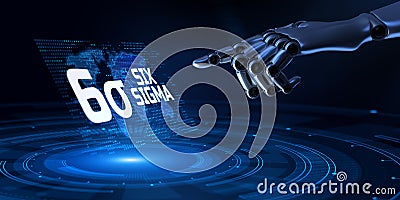 Six sigma DMAIC Lean manufacturing quality control business technology concept. Robotic hand pressing button. Stock Photo