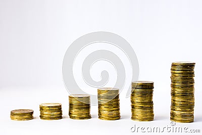 Six stacks of coin in ascending order on white gray background. Photo illustration of success in business and commerce, growth of Cartoon Illustration
