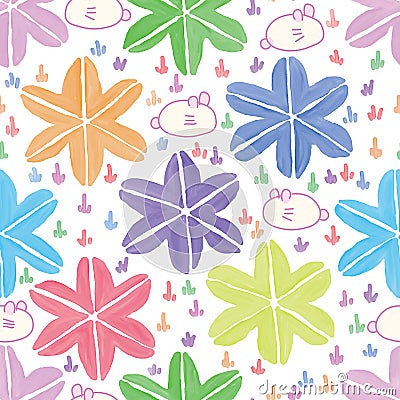 Six star leaf grasses rabbit Japan style watercolor seamless pattern Vector Illustration