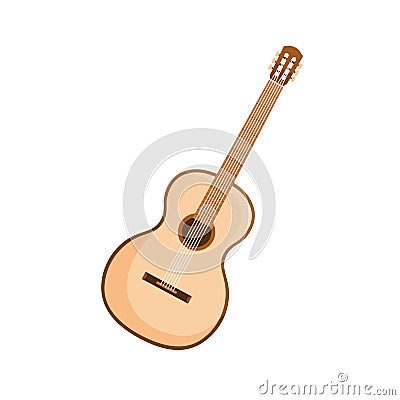 Six-stringed acoustic guitar from wood. Wooden classic music instrument with hole, fretboard and frets. Colored flat Vector Illustration