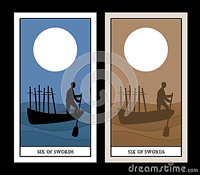 Six of swords. Silhouette of person rowing in the distance, in a boat on the sea, carrying six swords Vector Illustration