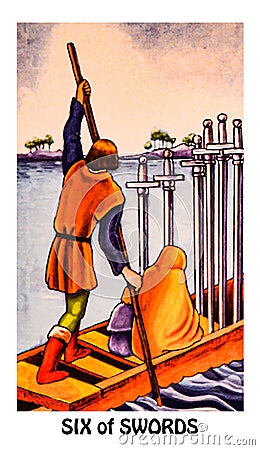 6 Six of Swords Tarot Card Moving On Slow Healing Progress but slow Calmer Waters Editorial Stock Photo