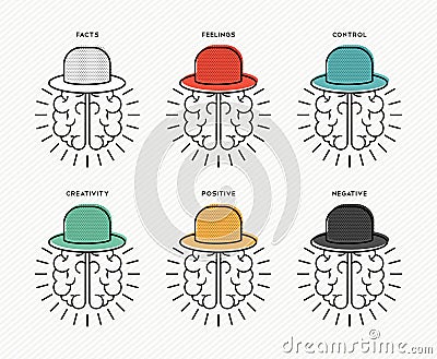 Six thinking hats concept design with human brains Vector Illustration