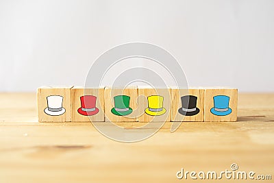 Six thinking hats concept, the success way to under the human wear which hat when talking about, the hats including feeling/emotio Stock Photo