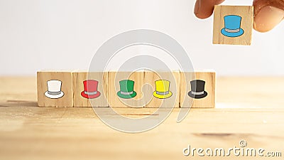 Six thinking hats concept, the success way to under the human wear which hat when talking about, the hats including feeling/emotio Stock Photo