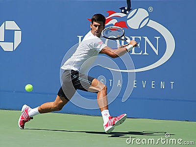 Six times Grand Slam champion Novak Djokovic practicing for US Open 2013 at Billie Jean King National Tennis Center Editorial Stock Photo