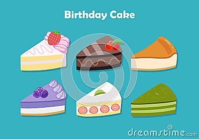 Sliced birthday cake with a variety of flavors of afternoon tea snacks Vector Illustration