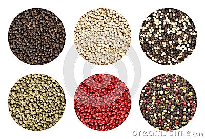 Six variations of peppercorns in circles over white Stock Photo