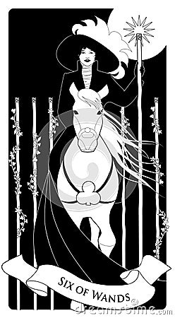 Six of wands. Tarot cards. Elegant lady on horseback, holding a wand with a luminous star and flanked by five wands surrounded by Stock Photo