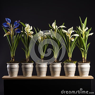 Volumetric Lighting: Stunning Row Of Iris Plants In Pots Stock Photo