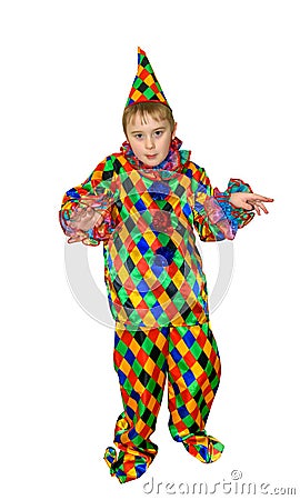 Six year old funny cute dancing boy in the clown suit. Without wig and makeup. Full-height portrait Stock Photo