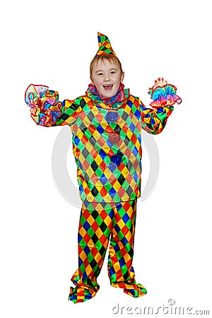 Six year old funny cute dancing boy in the clown suit. Without wig and makeup. Isolated, on white background Stock Photo